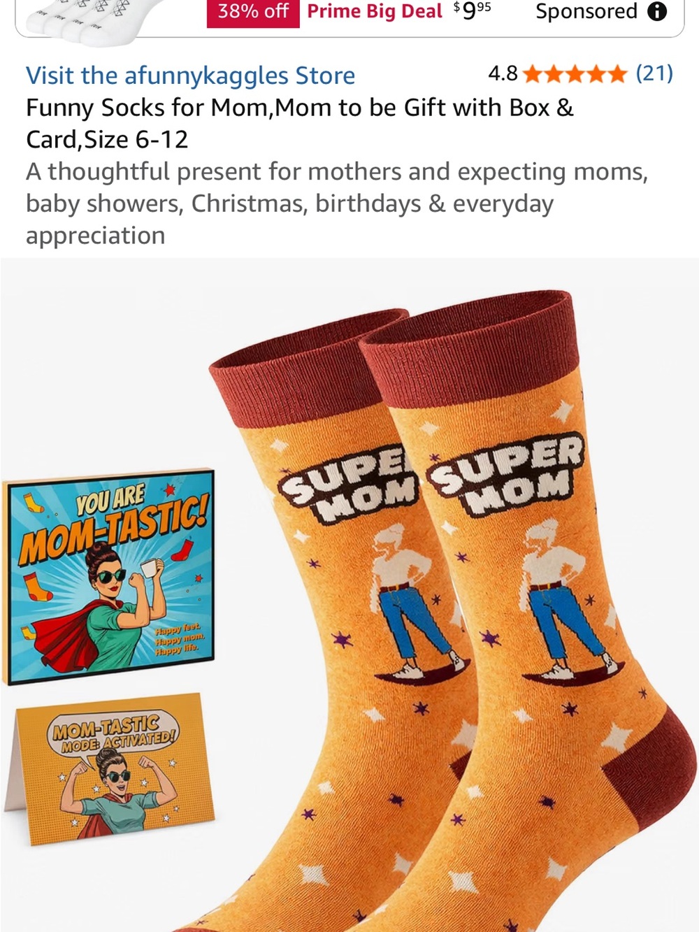 Funny "Super Mom" Graphic Crew Socks for Women - Orange & Brown